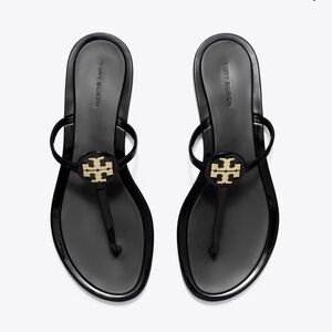 Tory Burch Black Patent Logo Thong Sandals with Gold Emblem